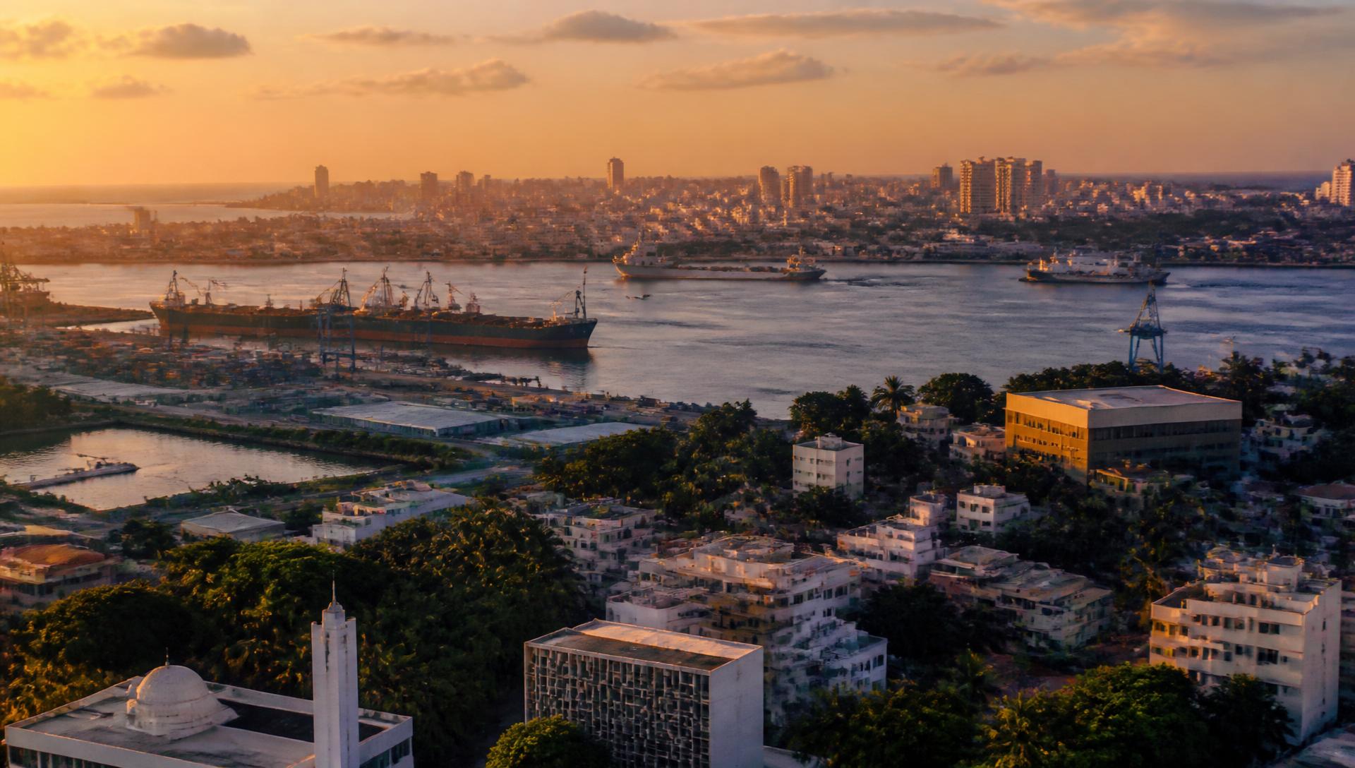 Modern African city skyline at golden hour with solar panels and light rail